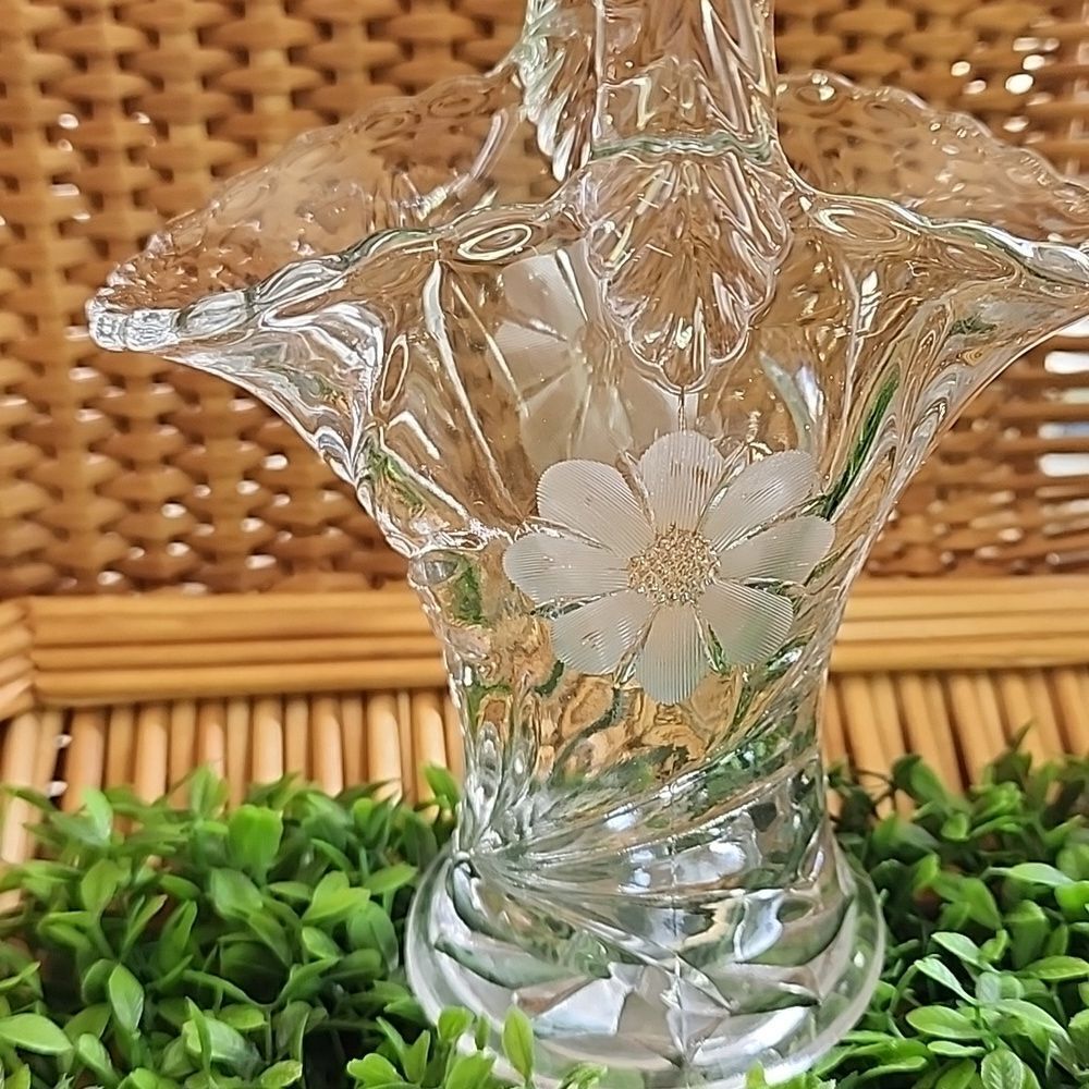 Vintage Etched Glass Floral Bride's Basket With Handle Coquette Bridal